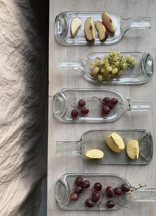 Upcycled flattened wine bottle plate tray with handle for fruits cheese snacks eco home decor