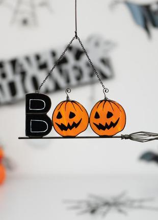 Boo to You Pumpkin stained glass suncatcher