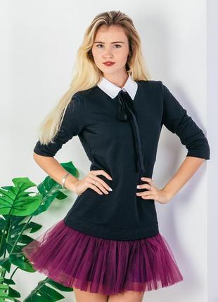 Constructor-dress black Airdress with detachable plum skirt and collar1 photo