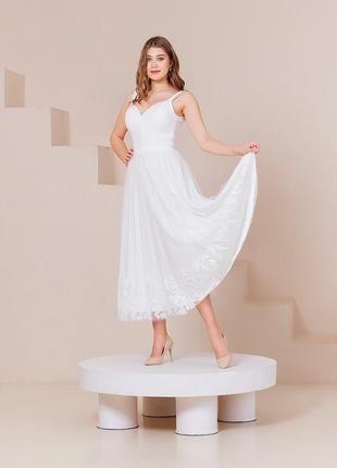Elegant milky midi dress with a tulle skirt2 photo