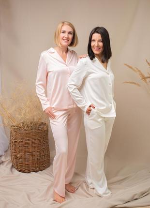 Elegant Milky pink silk loungewear set. Classic silk long pajama set.3 photo