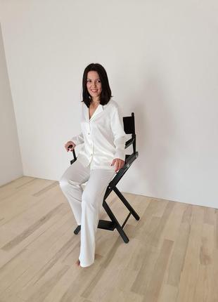 Elegant White silk loungewear set. Classic silk long pajama set.3 photo