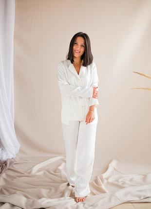 Elegant White silk loungewear set. Classic silk long pajama set.2 photo