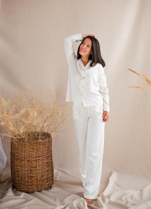 Elegant White silk loungewear set. Classic silk long pajama set.6 photo