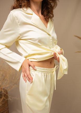 Elegant Cream silk loungewear set. Classic silk long pajama set.2 photo