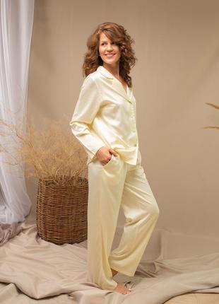 Elegant Cream silk loungewear set. Classic silk long pajama set.