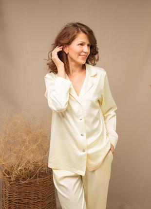 Elegant Cream silk loungewear set. Classic silk long pajama set.6 photo