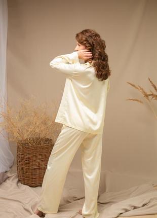Elegant Cream silk loungewear set. Classic silk long pajama set.4 photo
