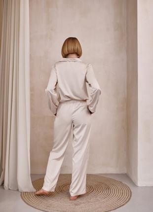 Elegant Light Beige silk loungewear two-piece set. Classic silk long pajama set.2 photo