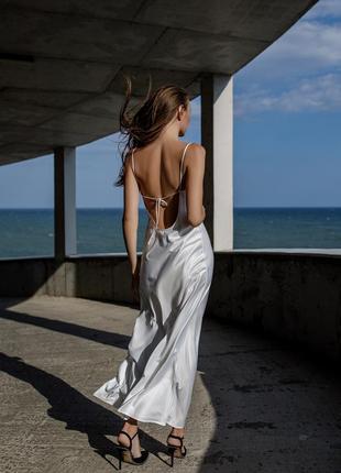 Ivory maxi silk slip dress with open back. Cowl neck long cocktail dress.