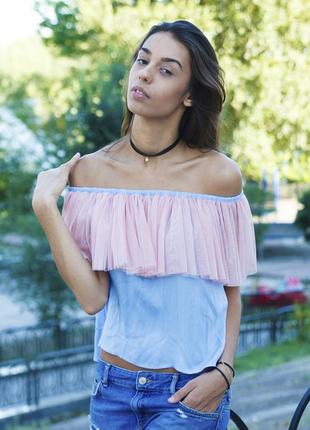 Blue top with pink powder tulle ruffles2 photo