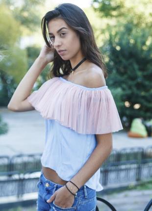 Blue top with pink powder tulle ruffles4 photo