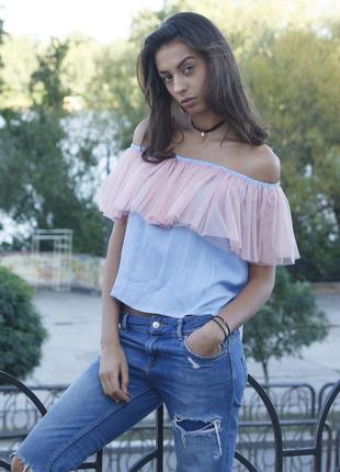 Blue top with pink powder tulle ruffles3 photo