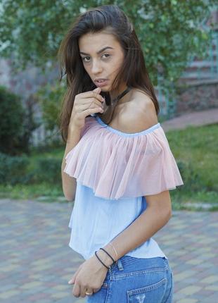 Blue top with pink powder tulle ruffles5 photo