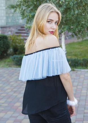 Black top with blue tulle ruffles