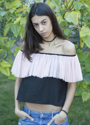 Black top with pink powder tulle ruffles4 photo