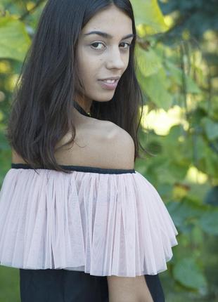 Black top with pink powder tulle ruffles6 photo