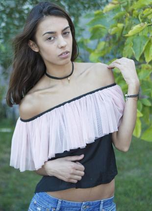 Black top with pink powder tulle ruffles9 photo