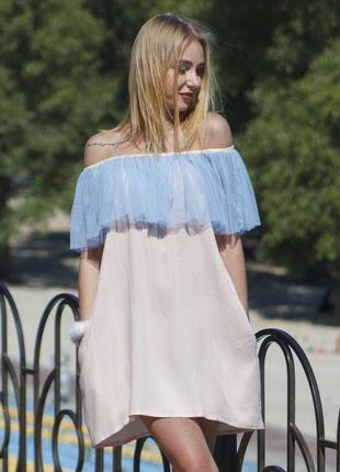 Pink mini sundress with blue tulle ruffles