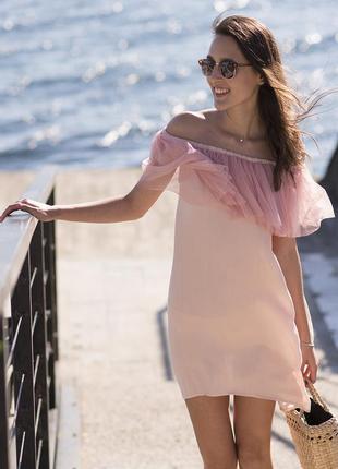 Pink mini sundress with pink powder tulle ruffles