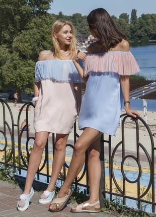 Blue mini sundress with pink powder tulle ruffles9 photo