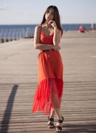 Red maxi sundress with red tulle ruffles6 photo