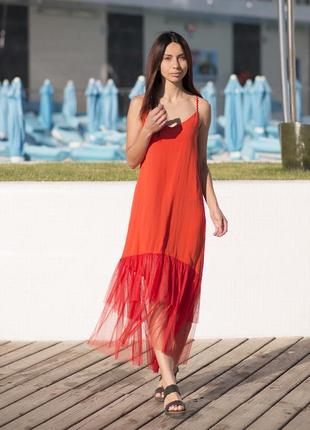 Red maxi sundress with red tulle ruffles2 photo