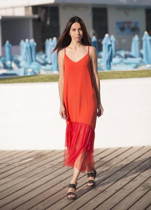 Red maxi sundress with red tulle ruffles1 photo