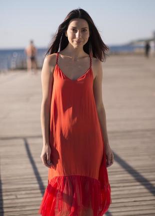 Red maxi sundress with red tulle ruffles5 photo