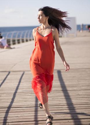 Red maxi sundress with red tulle ruffles9 photo