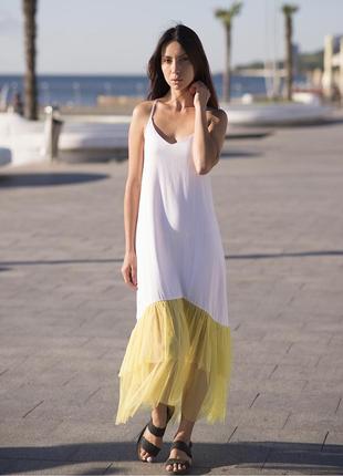 White maxi sundress with lemon tulle ruffles5 photo
