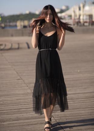 Black maxi sundress with black tulle ruffles1 photo