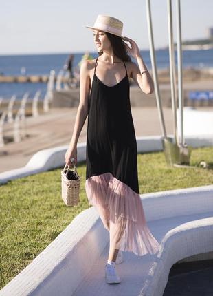 Black maxi sundress with pink powder tulle ruffles3 photo