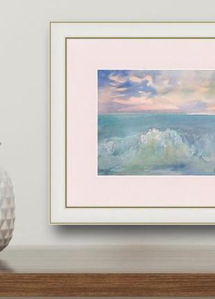 Watercolor painting of a landscape of a sea wave on a background of the sunset sky3 photo
