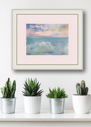 Watercolor painting of a landscape of a sea wave on a background of the sunset sky6 photo