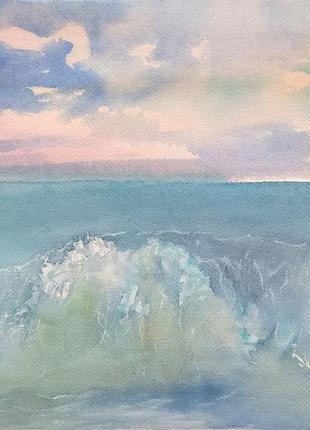Watercolor painting of a landscape of a sea wave on a background of the sunset sky2 photo