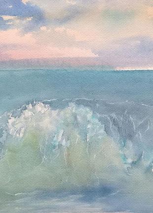 Watercolor painting of a landscape of a sea wave on a background of the sunset sky10 photo