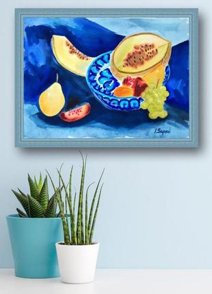 Still life with juicy summer fruits. Food watercolor painting
