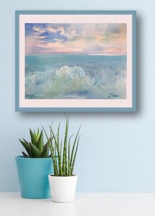 Watercolor painting of a landscape of a sea wave on a background of the sunset sky1 photo