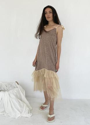 Brown polka dot maxi slip dress with beige tulle ruffle4 photo