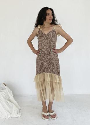Brown polka dot maxi slip dress with beige tulle ruffle3 photo