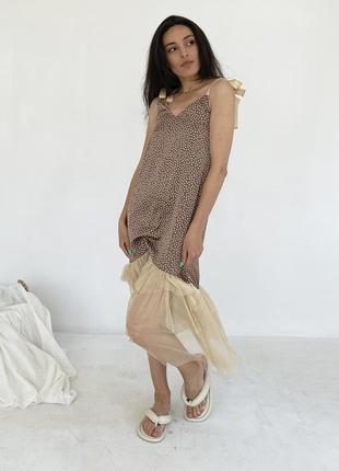 Brown polka dot maxi slip dress with beige tulle ruffle6 photo