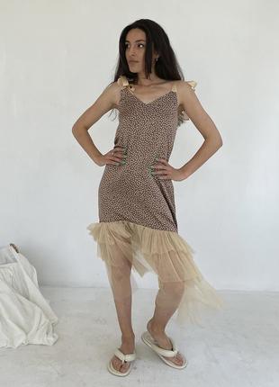Brown polka dot maxi slip dress with beige tulle ruffle5 photo