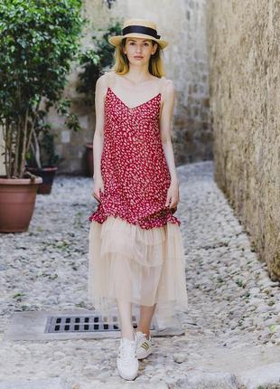 Red maxi slip dress in animal print with beige tulle ruffles5 photo