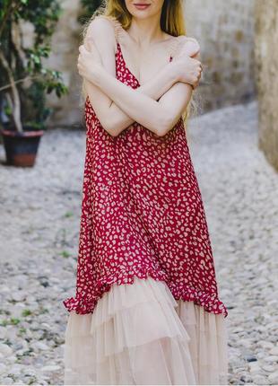 Red maxi slip dress in animal print with beige tulle ruffles9 photo