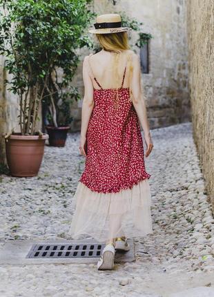 Red maxi slip dress in animal print with beige tulle ruffles3 photo