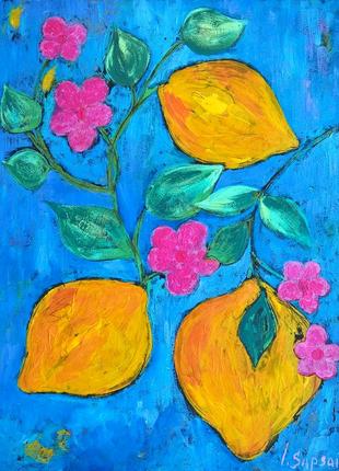 Still life with lemons and purple flowers. Ukrainian art