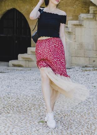 Red skirt in animal print with tulle ruffles3 photo