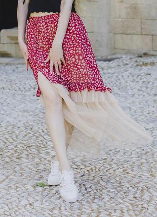 Red skirt in animal print with tulle ruffles2 photo