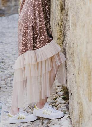 Brown polka dot maxi slip dress with beige tulle ruffles7 photo